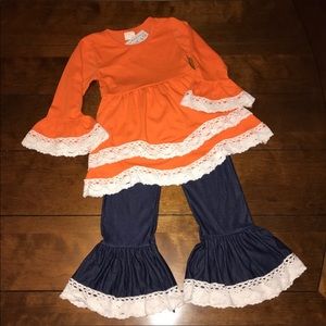 Orange Lace Tunic/Ruffle Lace Bell Denim Pants Set